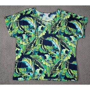 Tommy Bahama Size XL Woman’s Tropical Pullover Blouse Hawaiian Blue Green Laces
